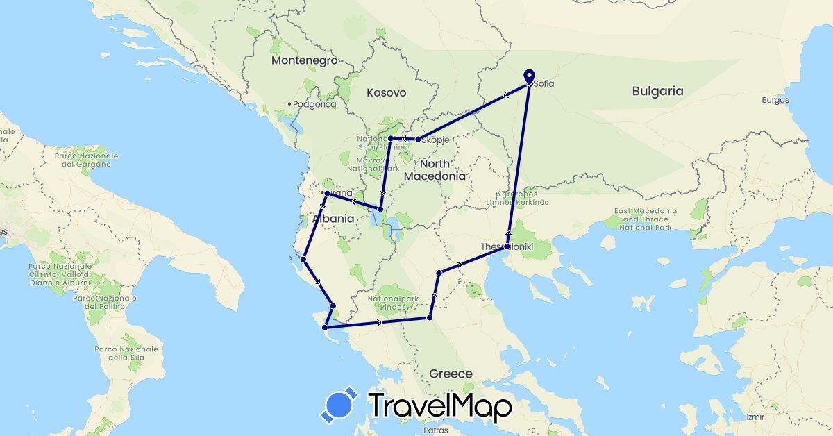 TravelMap itinerary: driving in Albania, Bulgaria, Greece, Macedonia (Europe)